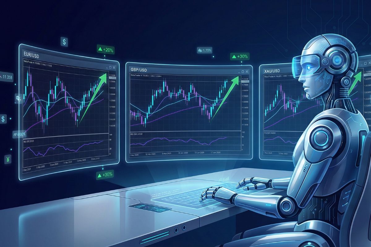 Best forex robot for MT4 - AI trading bot analyzing multiple currency pair charts with automated Expert Advisor system