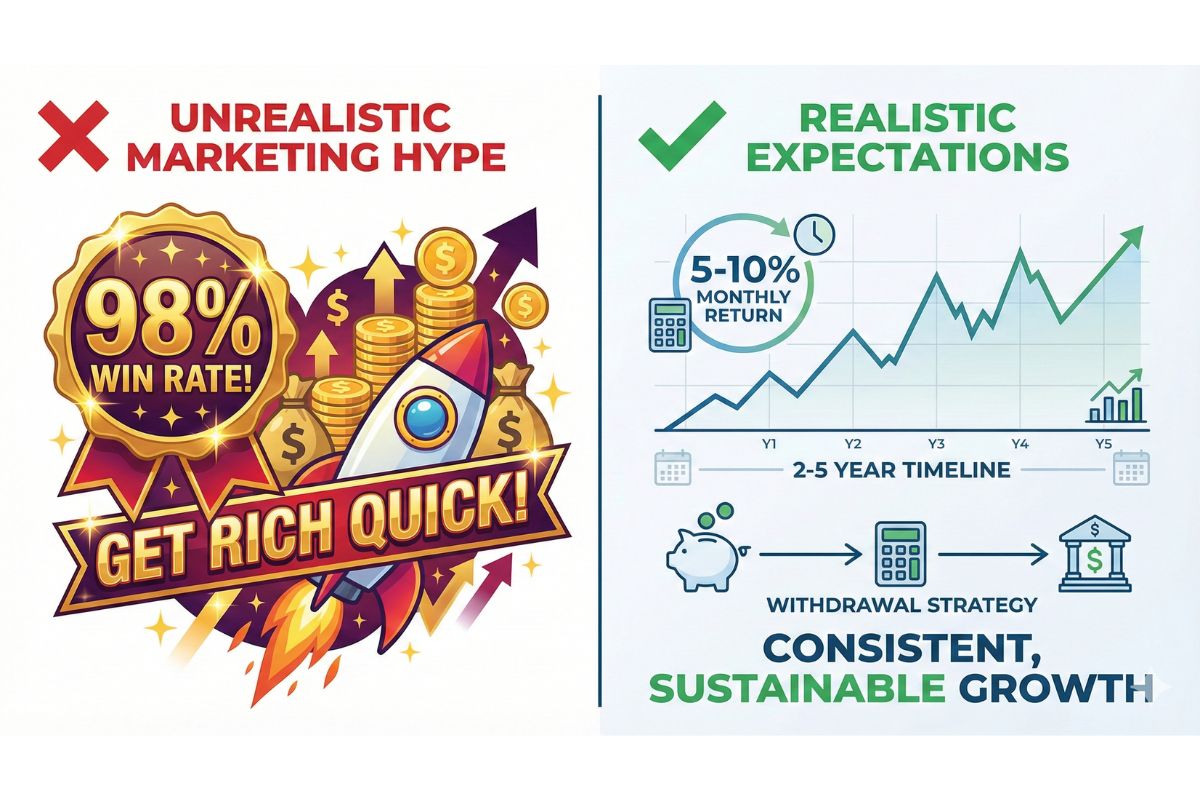 Realistic vs unrealistic forex EA expectations showing 5-10% monthly returns versus false 98% win rate promises