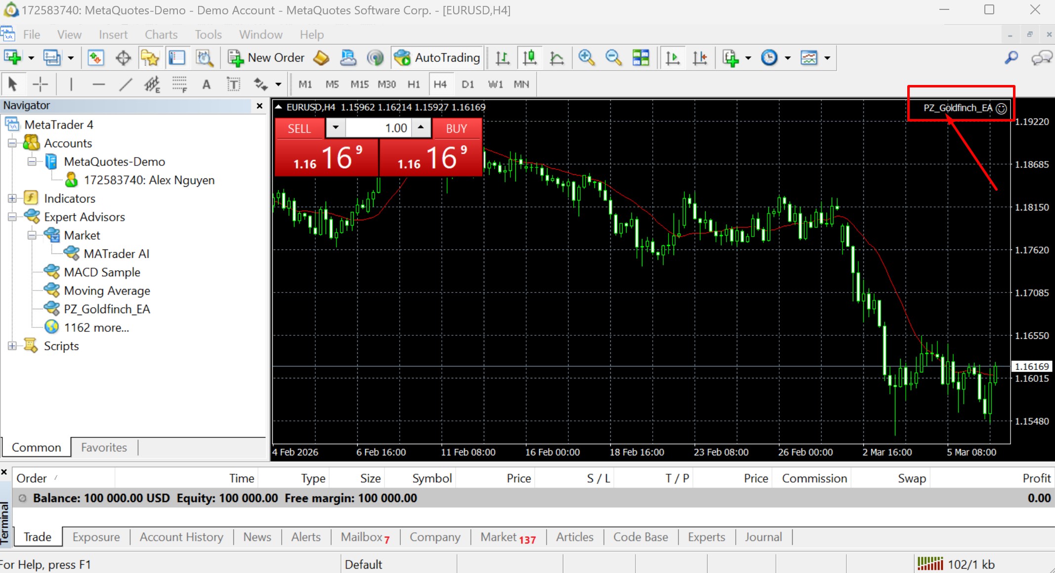 EA Properties window — Common tab with "PZ_Goldfinch_EA" checkbox highlighted