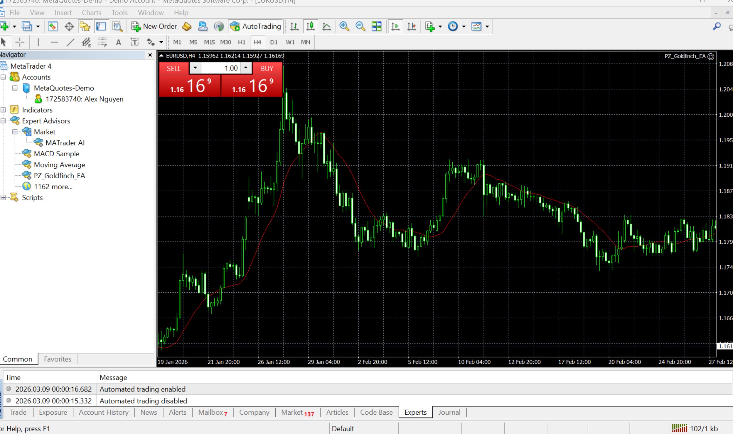 Terminal → Experts tab showing clean log after EA initialization
