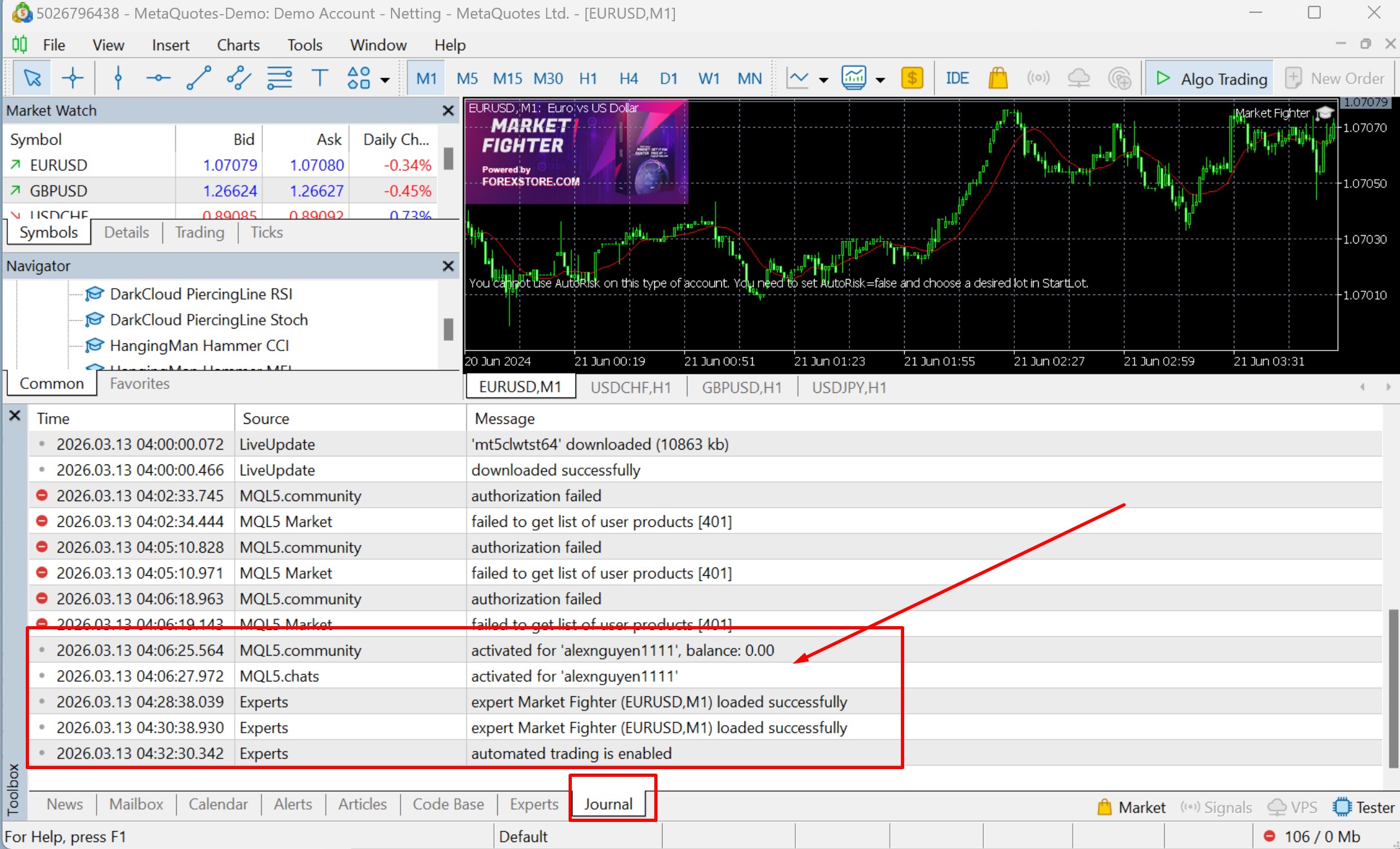  MT5 Terminal → Journal tab showing clean initialization log after EA start]