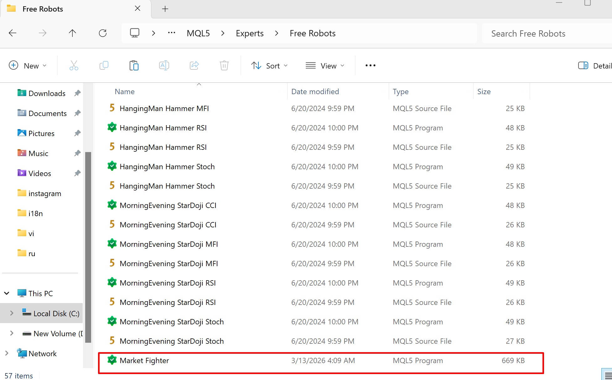 QL5/Experts folder in Windows Explorer with .ex5 file