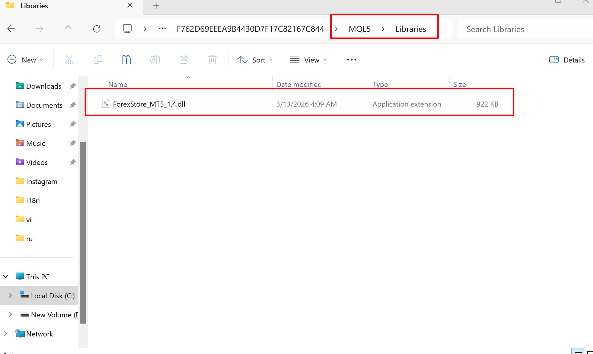 MQL5/Libraries folder in Windows Explorer with .dll file