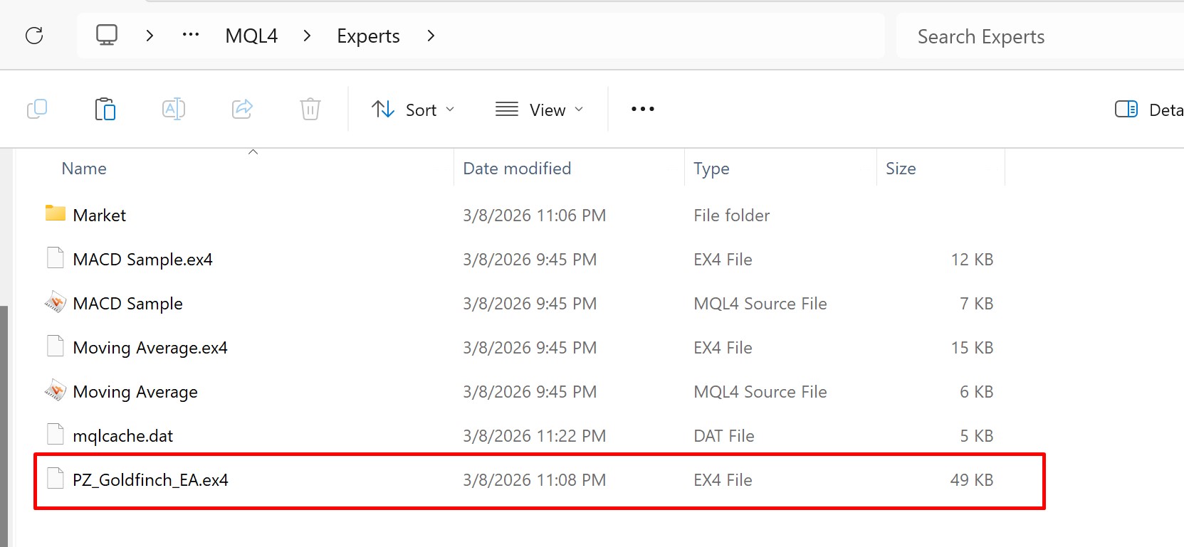 MQL4/Experts folder in Windows Explorer with .ex4 file visible after paste