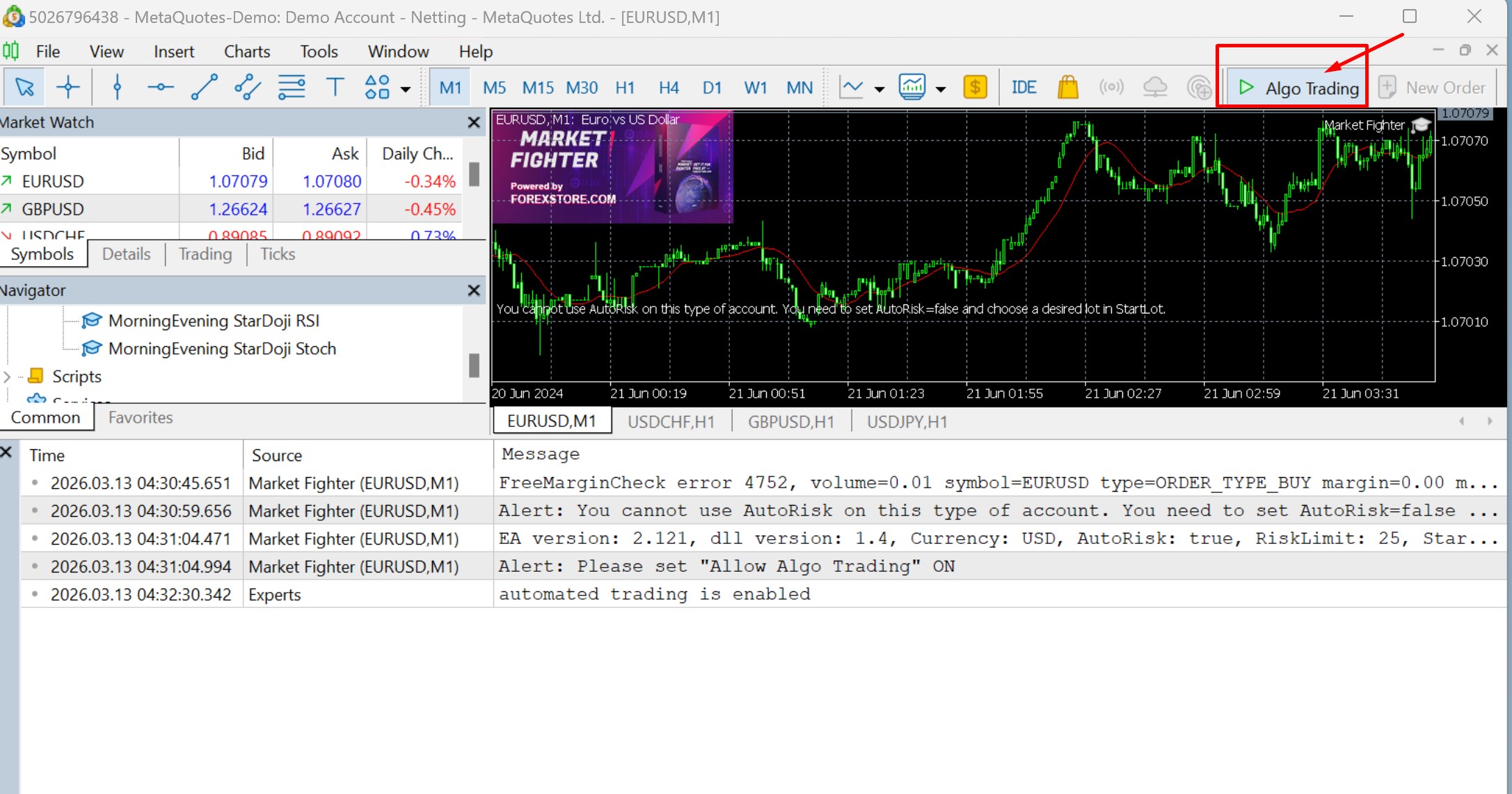 MT5 toolbar with Algo Trading button green