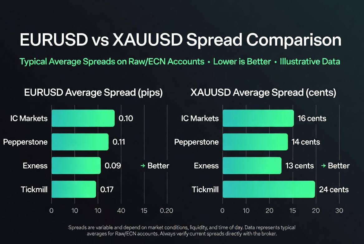 EURUSD XAUUSD spread comparison best brokers forex EA 2026