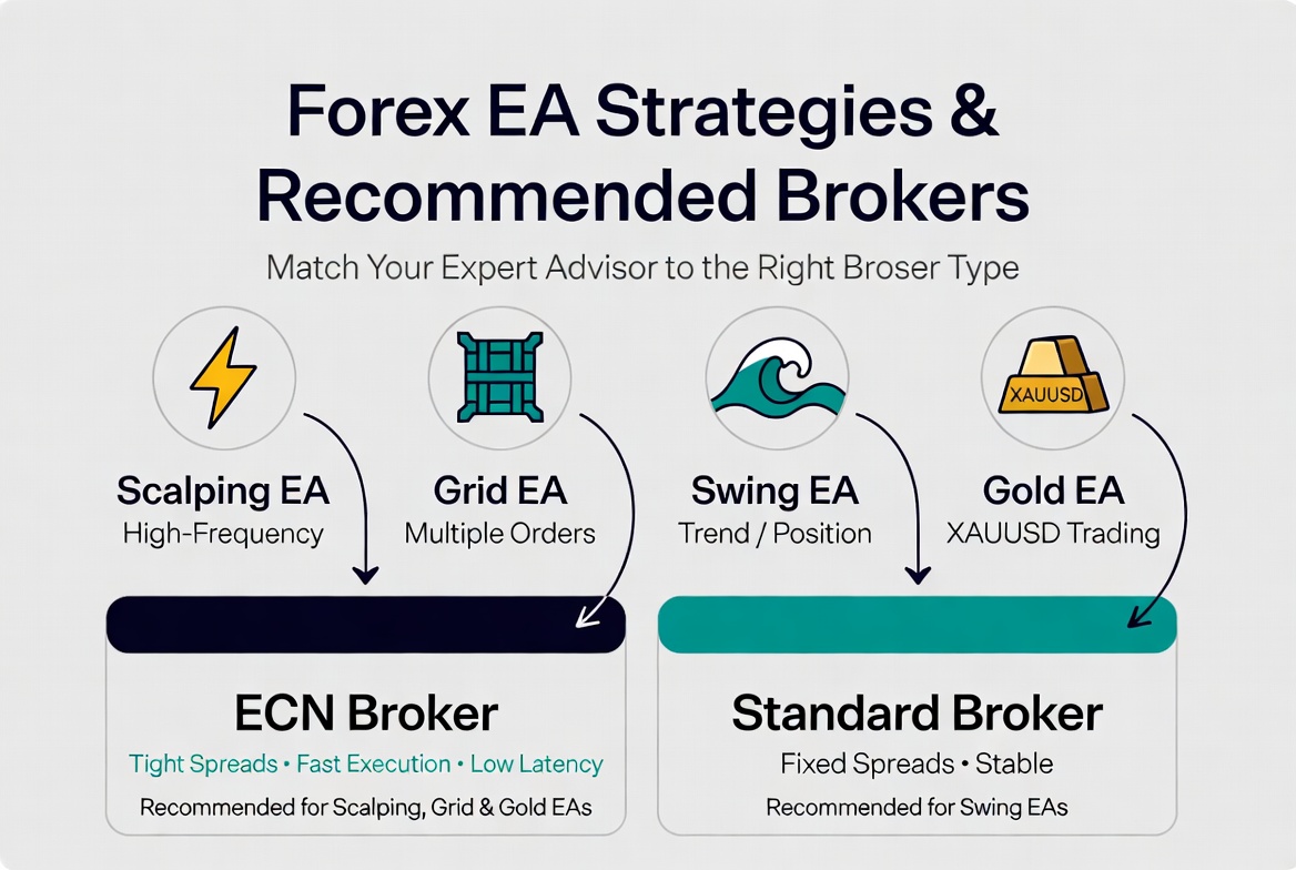forex EA strategy types matched to broker requirements 2026